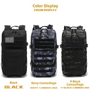 Three tactical MOLLE backpacks in black and camouflage styles for outdoor hiking gear