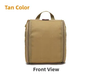 Detailed front view of tan tactical MOLLE medical pouch with red cross emblem and nylon fabric