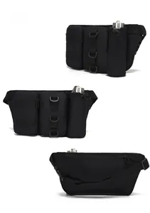 Vue en trois angles du sac banane tactique noir avec porte-bouteille et système MOLLE