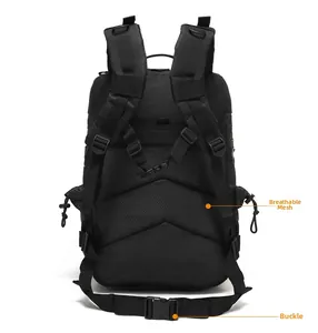 Tactical backpack detail with breathable mesh back padding and adjustable buckles