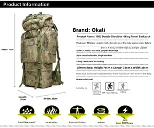 Detailed specs of 100L camo hiking backpack with waterproof PU coating and 78x38x28cm size