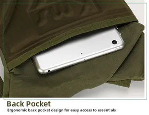 Close-up of military green tactical backpack showing a rear pocket for tablet storage