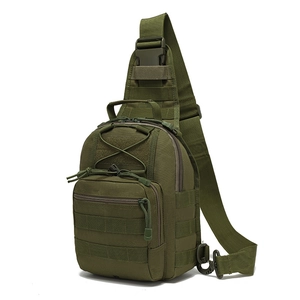 Detailed view of army green tactical chest bag showing MOLLE webbing and zippers