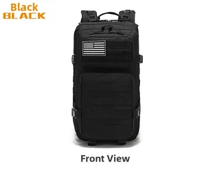 Front view of tactical backpack with Molle system and American flag patch in black