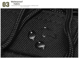 Close-up of waterproof high-density fabric with water droplets on a 45L hiking backpack