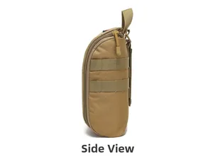 Side view of tactical khaki utility pouch with MOLLE webbing and durable paracord zippers