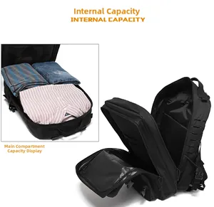 Detail view of tactical backpack showing spacious internal capacity for outdoor gear