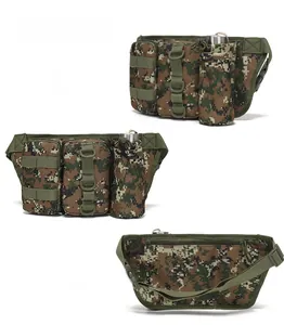 Vue détaillée du sac banane tactique camouflage avec système MOLLE et porte-bouteille