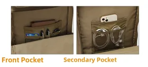 Vue détaillée de l'intérieur du sac à dos tactique kaki avec poche avant et filet de rangement