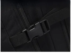 Detail of durable plastic buckles and reinforced nylon straps on the black 45L hiking pack