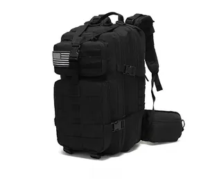 Side view of black tactical backpack with Molle system and American flag patch