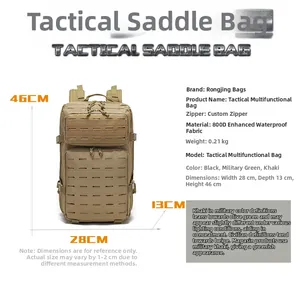 Détail du sac à dos tactique kaki en tissu imperméable 800D et système MOLLE intégré