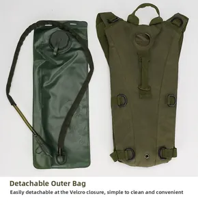 Macro detail of 2.0L green tactical hydration bladder with military nylon storage bag