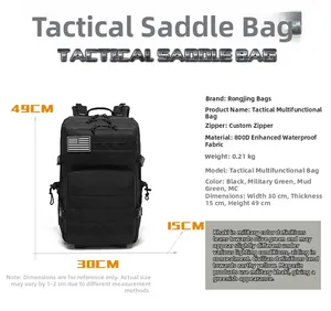 Detail view of 800D waterproof tactical backpack showing 49x30x15cm size and MOLLE system