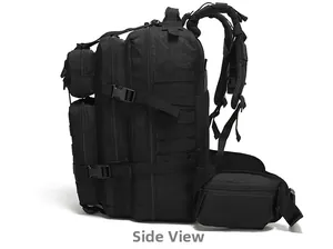 Detailed side view of black tactical backpack showing Molle system and compression straps