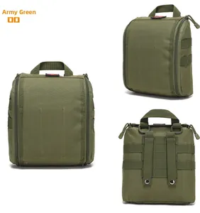 Detail view of army green tactical MOLLE medic pouch with durable nylon and red cross patch
