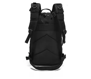 Tactical backpack back view showing S-shaped padded straps and breathable mesh back panel