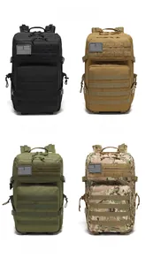 Tactical backpack comparison showing MOLLE webbing in black, tan, green, and camo patterns