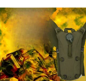 Detail of military green tactical hydration pack with D-rings and large water inlet cover