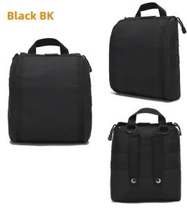 Detailed views of black MOLLE tactical pouch showing front, side, and rear attachment straps