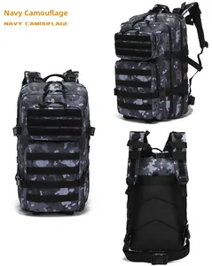 Three-sided view of navy camouflage tactical backpack with MOLLE system and padded back