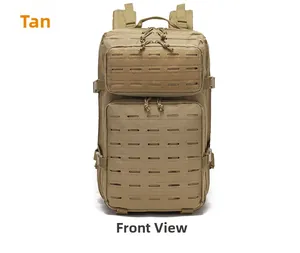 Détail du sac à dos tactique tan avec système Molle découpé au laser et nylon robuste