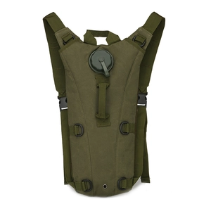 Tactical olive green hydration pack featuring durable nylon fabric and D-ring attachments