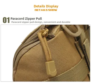 Detail view of khaki tactical pouch featuring paracord zipper pull and plastic D-ring