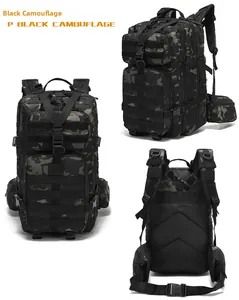 Three-way view of CP black camouflage tactical backpack with MOLLE system and waist support