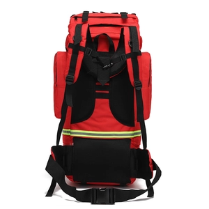 Sac à dos de randonnée rouge 65L avec bandes réfléchissantes et système dorsal en maille aérée