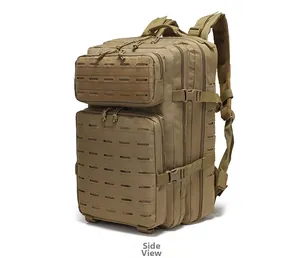 Vue latérale du sac à dos tactique avec système MOLLE laser et bretelles en mesh