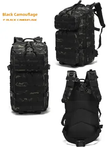 Three views of dark camouflage tactical backpack with MOLLE system and mesh back
