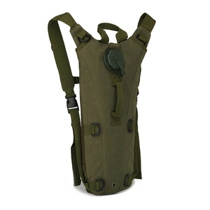 Detail of army green hydration carrier featuring nylon fabric and D-ring hooks