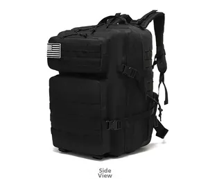 Side view of black tactical backpack showing MOLLE system and durable nylon fabric