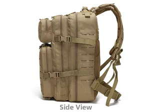 Vue latérale du sac à dos tactique avec système Molle laser et bretelles rembourrées