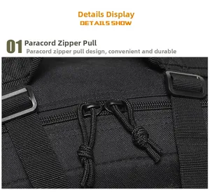 Close-up of paracord zipper pulls on a black tactical backpack with durable nylon texture