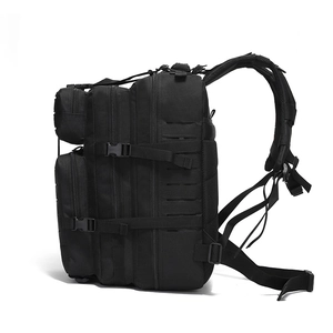 Black 45L waterproof tactical backpack with laser-cut MOLLE system and ergonomic straps