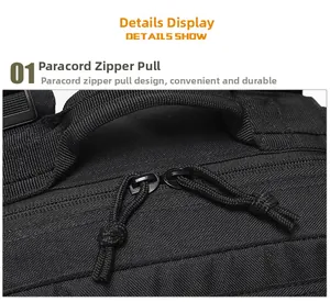 Close-up of paracord zipper pull on tactical backpack with high-density nylon fabric