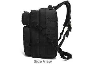Side view of tactical backpack featuring MOLLE webbing system and adjustable buckles