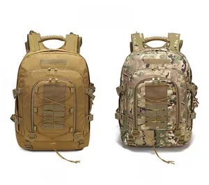 Detail view of TAN and MC tactical backpacks with MOLLE system and high-strength nylon fabric