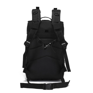 Black 45L waterproof tactical backpack for hiking with breathable padded back panel