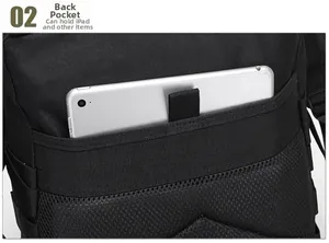 Tactical backpack back pocket detail designed for iPad and electronic tablets