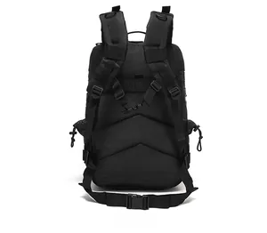 Tactical backpack back view with breathable honeycomb mesh and ergonomic harness system