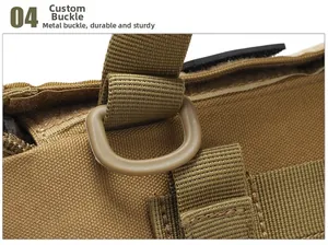 Macro shot of durable custom metal D-ring hardware on tactical MOLLE pouch strap