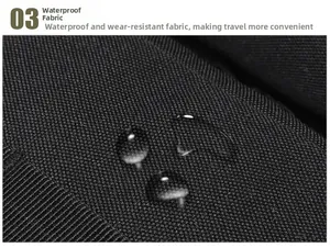 Close-up of black waterproof tactical fabric with grid texture and water droplets