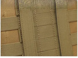 Macro detail of Coyote Brown tactical MOLLE system with heavy duty nylon webbing