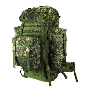 Detail of military tactical backpack with MOLLE system and digital camo pattern