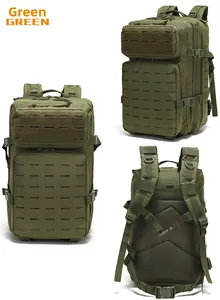 Trois vues d'un sac à dos tactique vert extérieur avec système MOLLE laser et rembourrage