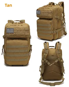 Three-view layout of the tan tactical backpack with MOLLE system and ergonomic mesh back