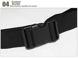 Close-up of durable black plastic buckle and high-density nylon webbing on tactical backpack